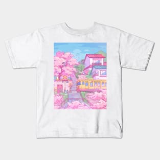 Tokyo, train, cats and pink cherry blossom Kids T-Shirt